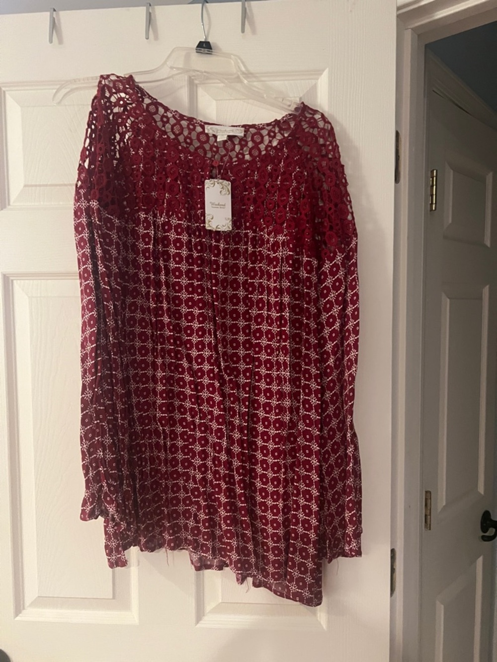 Suzanne Betro Burgundy Crochet Yoke Printed Tunic